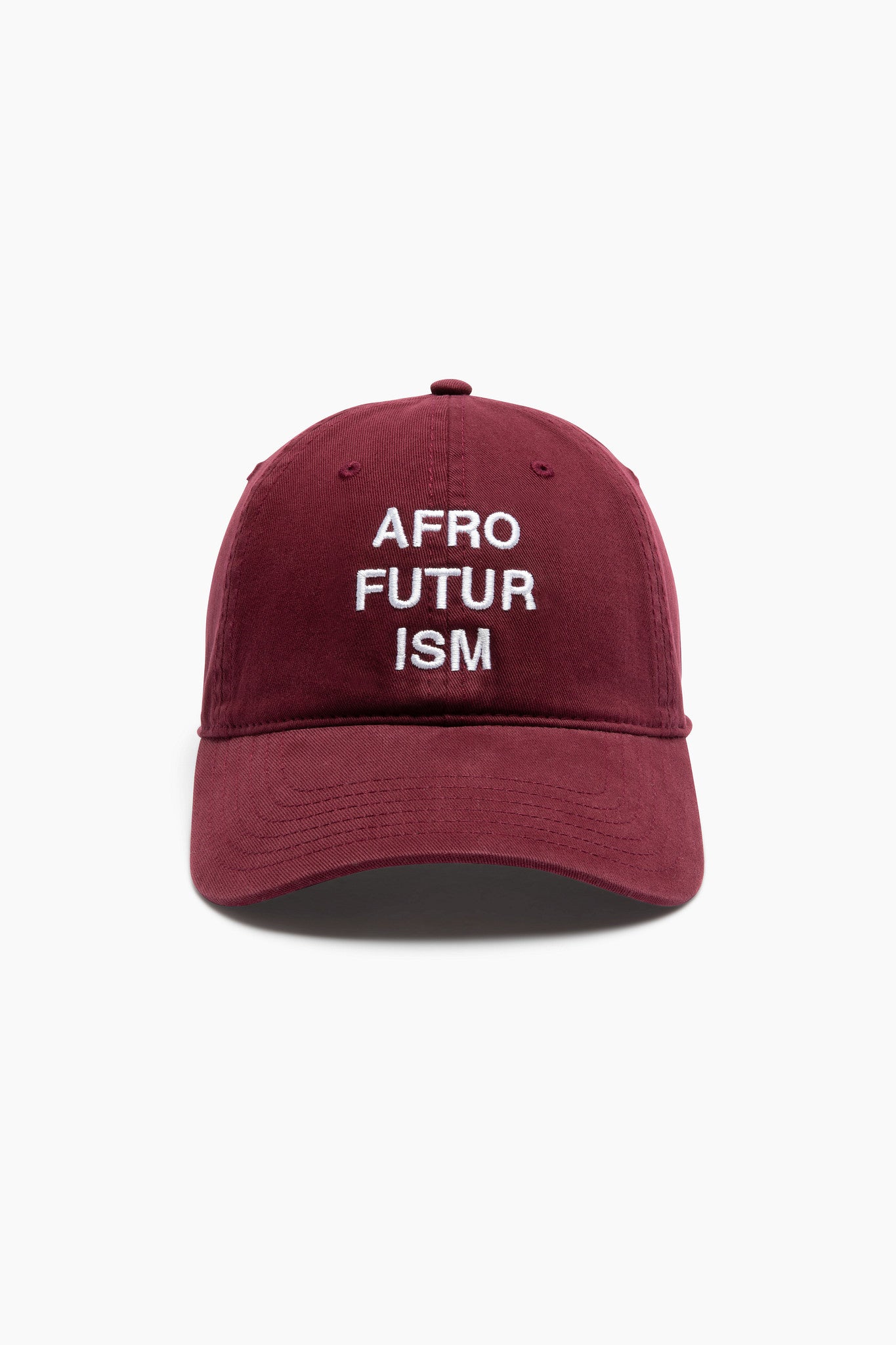 Maroon cap with 'AFRO FUTUR ISM' text on it