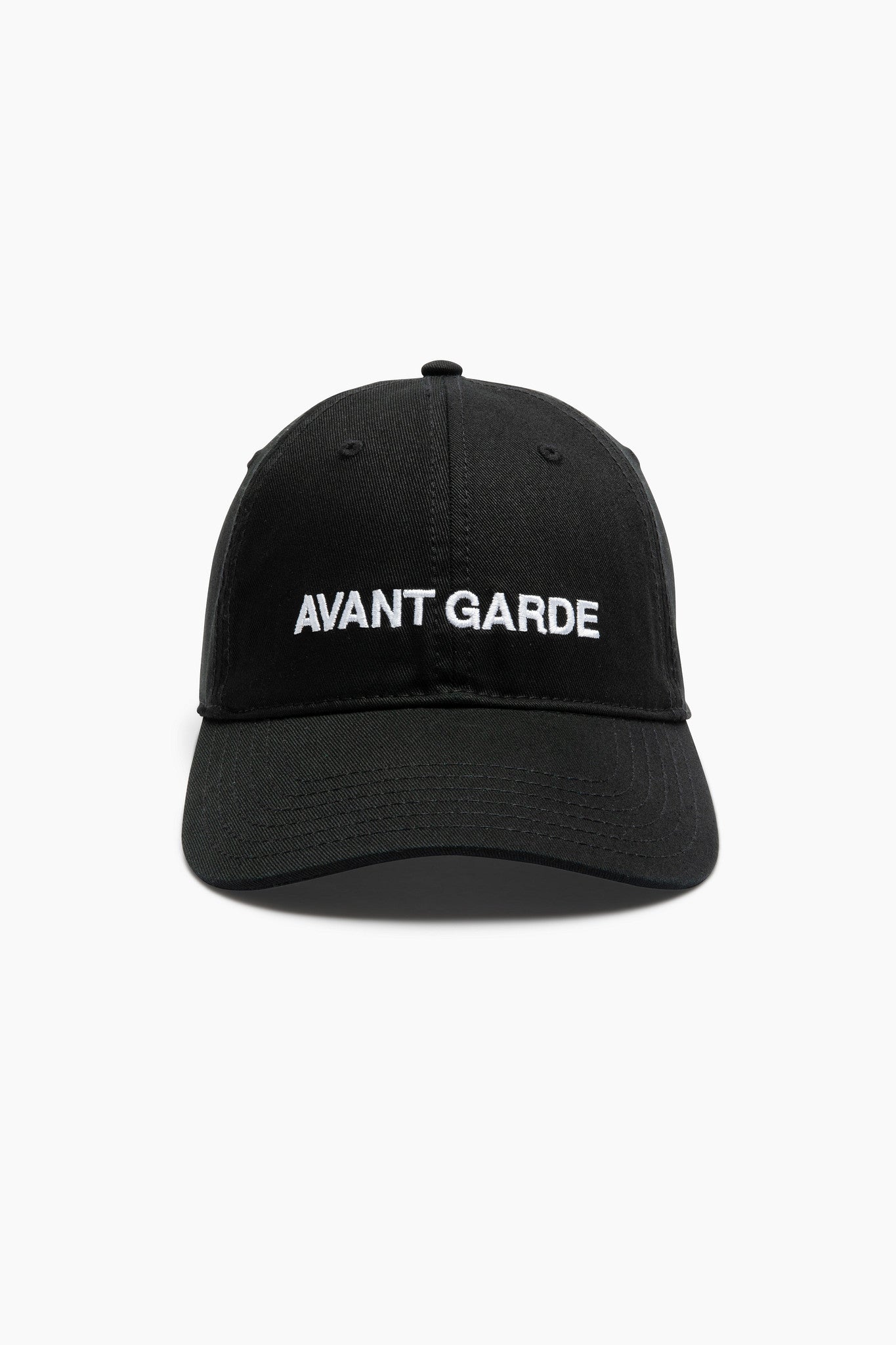 Black cap with 'AVANT GARDE' text on a white background