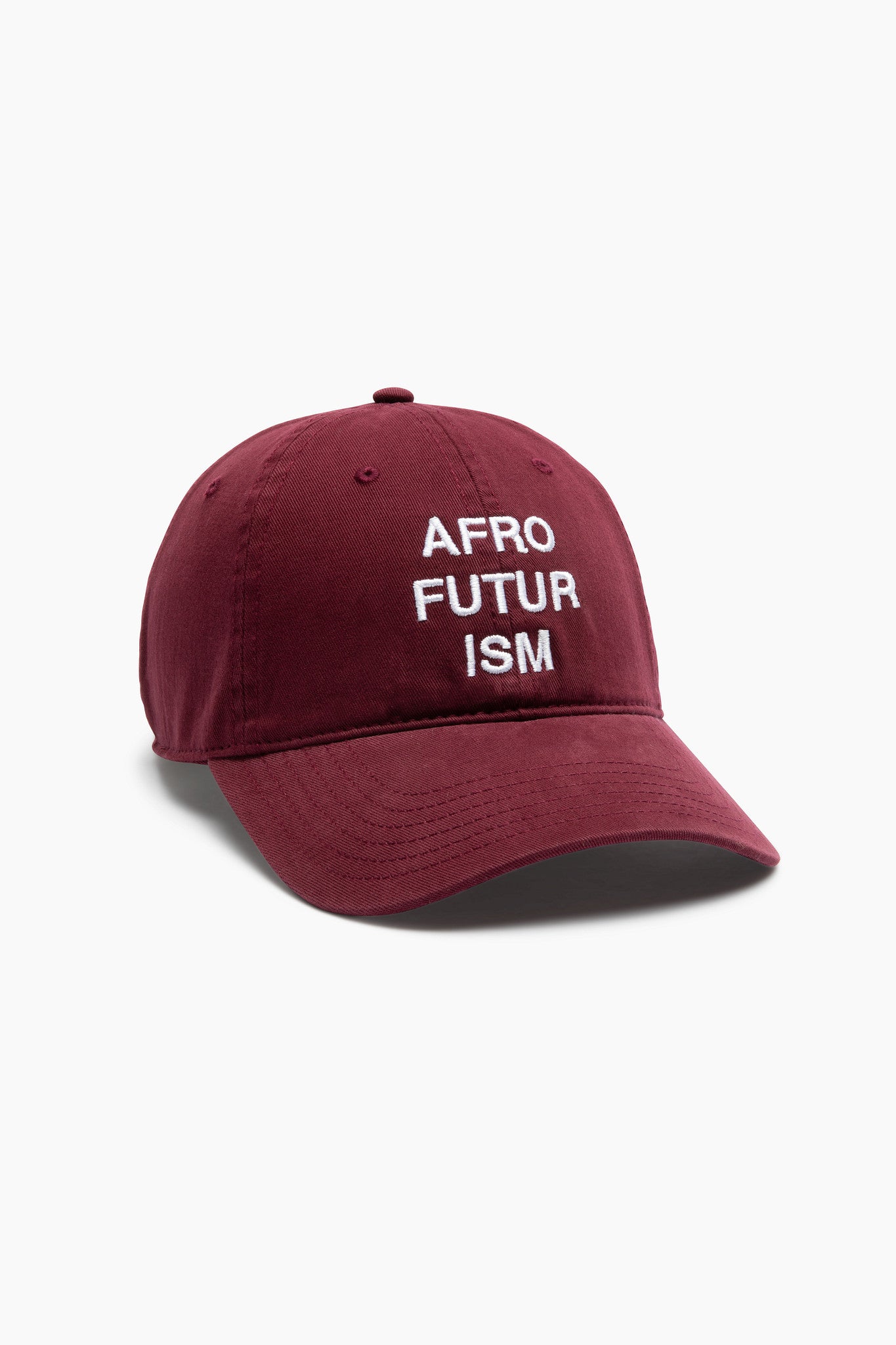 Maroon cap with 'AFRO FUTUR ISM' text on it