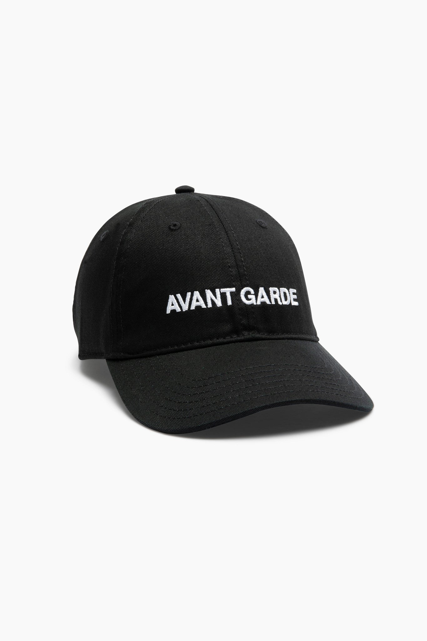 Black cap with 'AVANT GARDE' text on a white background